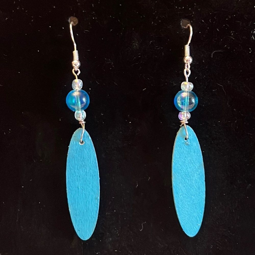 Handcrafted blue & clear iridescent bead wood earrings with silver tone accents